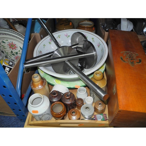 975 - FIVE BOXES AND LOOSE OF MOSTLY KITCHENALIA, including Viners pans, cafetieres, metal kettle shaped f... 