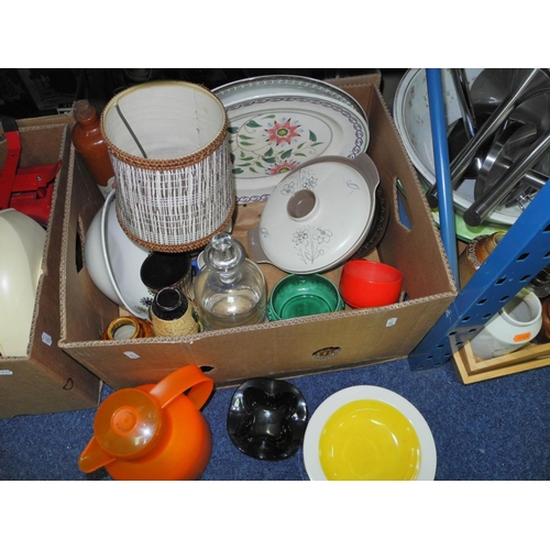 978 - SIX BOXES AND LOOSE OF KITCHENALIA AND SUNDRY ITEMS, including three sets of weighing scales, clocks... 