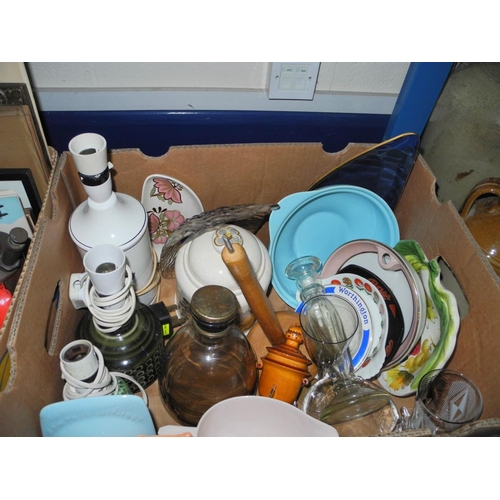 978 - SIX BOXES AND LOOSE OF KITCHENALIA AND SUNDRY ITEMS, including three sets of weighing scales, clocks... 