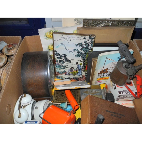 978 - SIX BOXES AND LOOSE OF KITCHENALIA AND SUNDRY ITEMS, including three sets of weighing scales, clocks... 