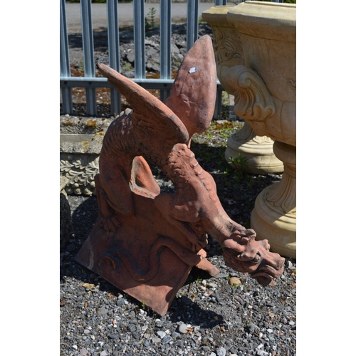 97 - A TERRACOTTA ROOF TOP FIGURE HEAD, of a mythical dragon creature with open wings