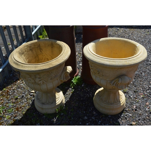 98 - A PAIR OF CLAY CAMPAGNE GARDEN URNS, with twin scrolled handles on a separate base, diameter 56cm x ... 