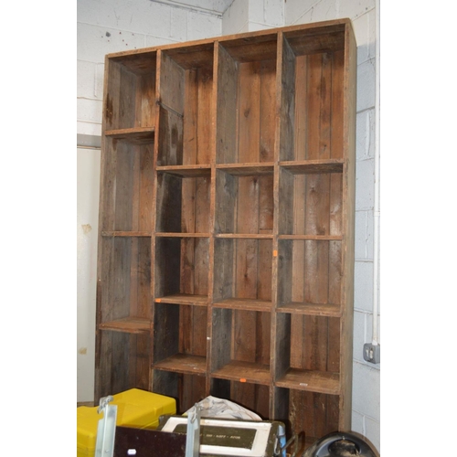 1025 - A VINTAGE PINE PIGEON HOLE CABINET, length 277cm x width 122cm x depth 28cm with twenty seven assort... 