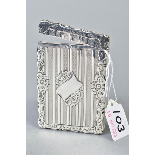 103 - A LATE VICTORIAN SILVER CARD CASE OF WAVY RECTANGULAR OUTLINE, foliate engraved and engine turned wi... 