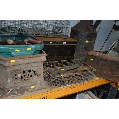 1082 - A DEED BOX, PLASTIC BOX AND METAL BOX containing a variety of hand tools, a rodent trap, cast iron f... 