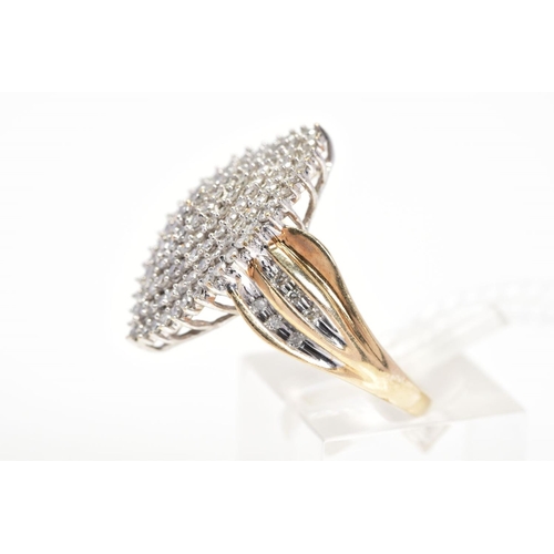 11 - A 9CT GOLD DIAMOND DRESS RING, the marquise shape panel claw set with single cut diamonds in a tiere... 