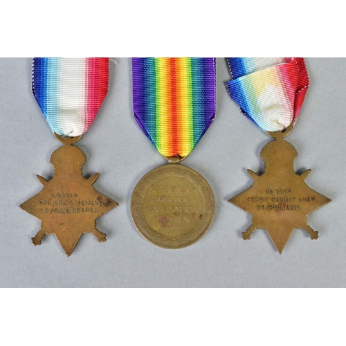 112 - THREE WWI MEDALS AS FOLLOWS, (A) 1914-15 Star named to No1514 Dvr Shair Zaman, 22/Mule Corps, (B) 19... 