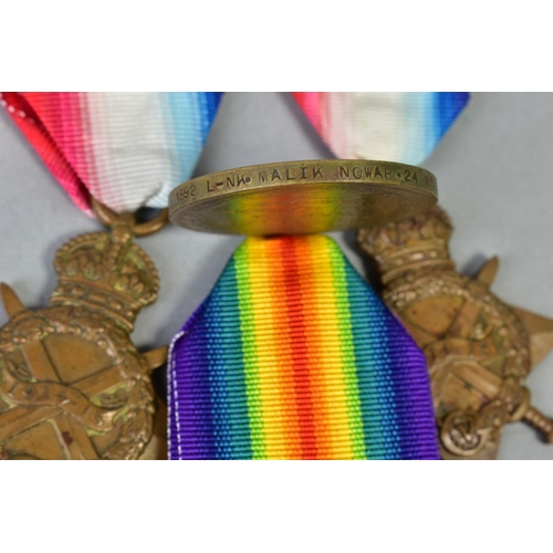 112 - THREE WWI MEDALS AS FOLLOWS, (A) 1914-15 Star named to No1514 Dvr Shair Zaman, 22/Mule Corps, (B) 19... 