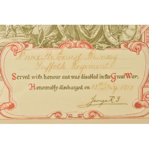 113 - A LARGE GLAZED COPY OF AN HONOURABLE DISCHARGE CERTIFICATE, for Pte 17147 Ernest Ramsey of the Suffo... 