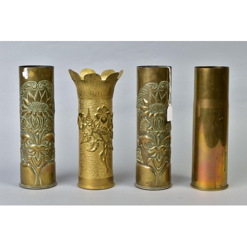 114 - FOUR BRASS SHELL CASES, three of which are trench art, to include one named and dated PAISSY1917