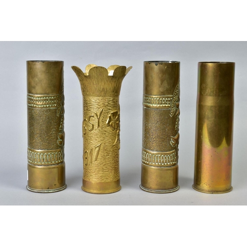 114 - FOUR BRASS SHELL CASES, three of which are trench art, to include one named and dated PAISSY1917