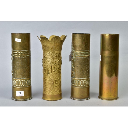 114 - FOUR BRASS SHELL CASES, three of which are trench art, to include one named and dated PAISSY1917