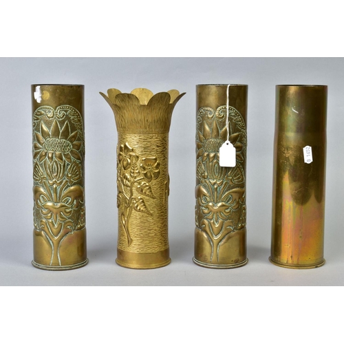 114 - FOUR BRASS SHELL CASES, three of which are trench art, to include one named and dated PAISSY1917