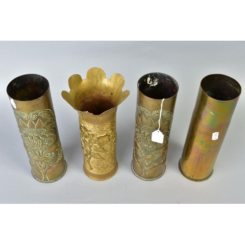 114 - FOUR BRASS SHELL CASES, three of which are trench art, to include one named and dated PAISSY1917