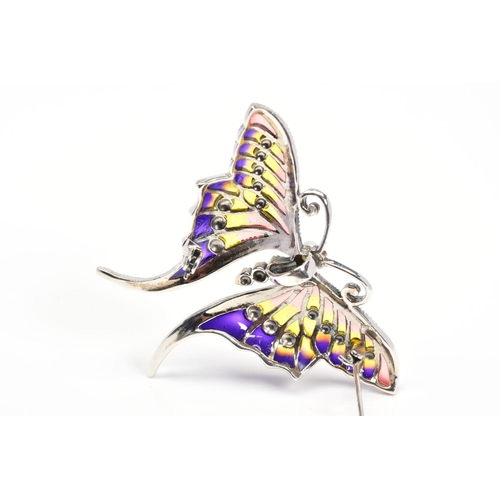 12 - A PLIQUE-A-JOUR, GEM AND MARCASITE BUTTERFLY BROOCHJ/PENDANT, designed with red, yellow and purple p... 