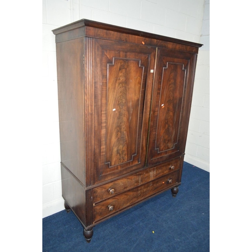 1376 - A GEORGIAN MAHOGANY PANELLED TWO DOOR LINEN PRESS with a single linen slide above two long drawers o... 