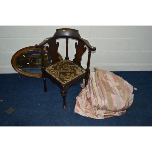 1377 - AN EDWARDIAN MAHOGANY CORNER CHAIR together with an oak oval wall mirror and a pair of pink stripped... 