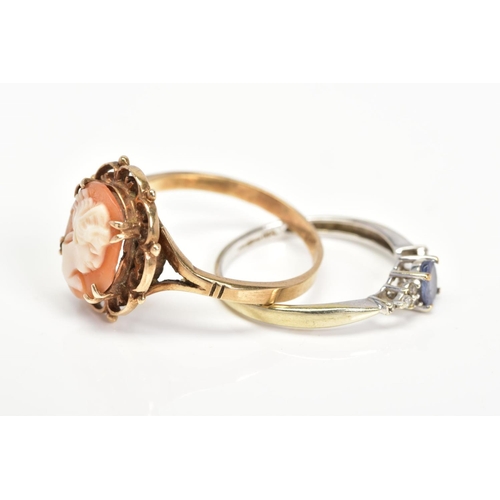 19 - TWO 9CT GOLD RINGS, the first designed with an oval cameo panel in a scalloped and beaded surround t... 