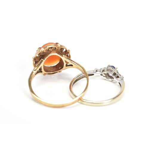 19 - TWO 9CT GOLD RINGS, the first designed with an oval cameo panel in a scalloped and beaded surround t... 