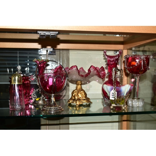 251 - EIGHT PIECES OF CRANBERRY/VASELINE COLOURED GLASSWARE, to include two plated baskets with cranberry ... 