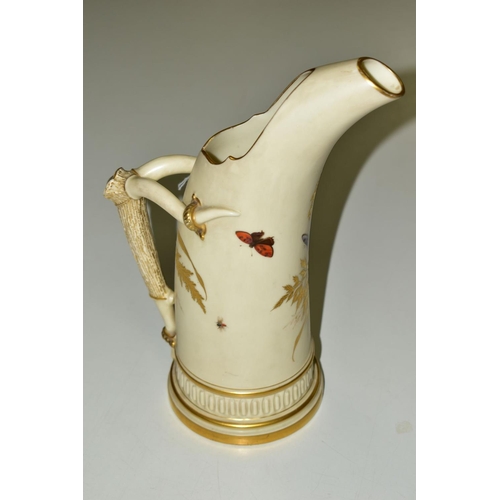 252 - A ROYAL WORCESTER BLUSH IVORY TUSK VASE, decorated with insects and butterflies, shape No 1116, gree... 