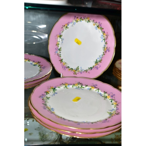 260 - A LATE 19TH CENTURY PINK BORDER PORCELAIN DESSERT SET, comprising low comport, a tall comport and tw... 