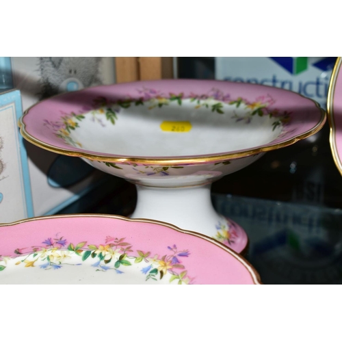 260 - A LATE 19TH CENTURY PINK BORDER PORCELAIN DESSERT SET, comprising low comport, a tall comport and tw... 