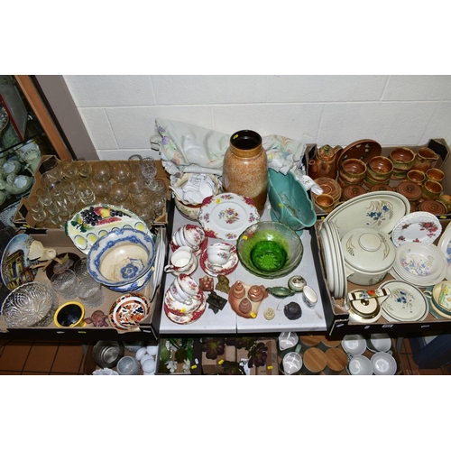 271 - FOUR BOXES AND LOOSE CERAMICS, GLASS, LINEN etc, to include Paragon 'Rockingham' teaset, Carltonware... 