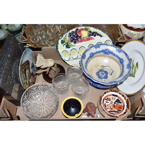 271 - FOUR BOXES AND LOOSE CERAMICS, GLASS, LINEN etc, to include Paragon 'Rockingham' teaset, Carltonware... 