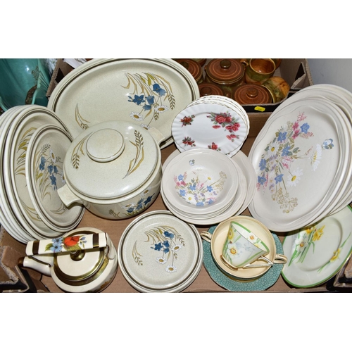 271 - FOUR BOXES AND LOOSE CERAMICS, GLASS, LINEN etc, to include Paragon 'Rockingham' teaset, Carltonware... 