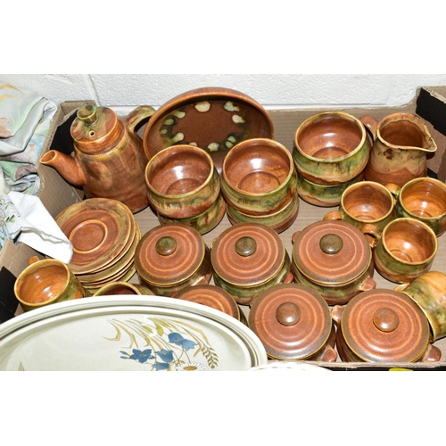 271 - FOUR BOXES AND LOOSE CERAMICS, GLASS, LINEN etc, to include Paragon 'Rockingham' teaset, Carltonware... 