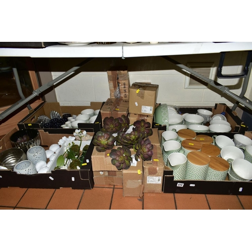 272 - FOUR BOXES OF CERAMICS, GLASS, DRIED FLOWERS etc, to include glass candle holders, Lene Bjerre ceram... 