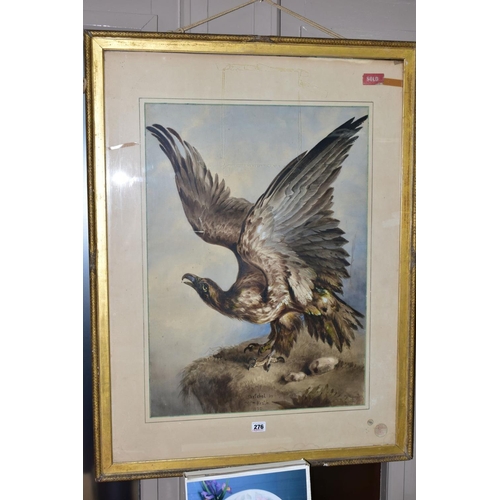 276 - WILLIAM HEATH (BRITISH 19TH CENTURY), study of an eagle with wings raised whilst perched on an outcr... 