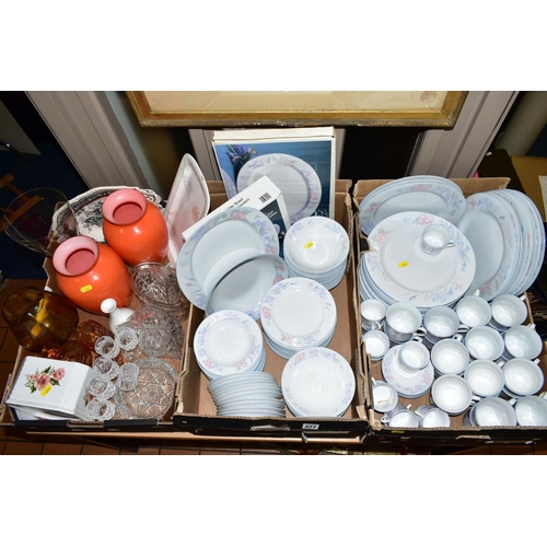 277 - THREE BOXES OF CERAMICS AND GLASSWARES, to include a 'Prestige Porcelain by Excel' dinner service (t... 