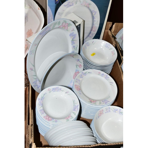 277 - THREE BOXES OF CERAMICS AND GLASSWARES, to include a 'Prestige Porcelain by Excel' dinner service (t... 