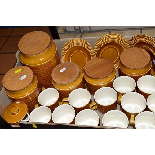 278 - TWO BOXES AND LOOSE CERAMIC AND SUNDRY ITEMS, to include Hornsea 'Saffron' storage jars, cups, sauce... 