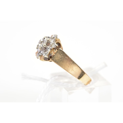 28 - A 9CT GOLD DIAMOND CLUSTER RING, designed as a tiered cluster of single cut diamonds within illusion... 