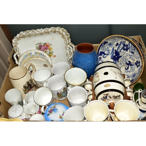 280 - FOUR BOXES AND LOOSE CERAMICS, SUNDRY ITEMS, etc, to include Royal Doulton character jugs 'Mine Host... 