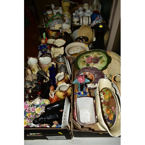 280 - FOUR BOXES AND LOOSE CERAMICS, SUNDRY ITEMS, etc, to include Royal Doulton character jugs 'Mine Host... 