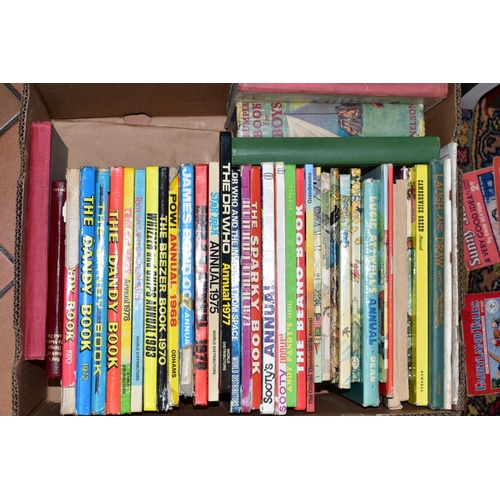 281 - SIX BOXES OF BOOKS, to include Ladybird childrens books, 'Dandy', 'Beano', 'Dr Who', 'Sooty' etc, an... 