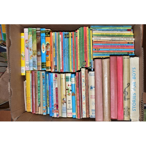 281 - SIX BOXES OF BOOKS, to include Ladybird childrens books, 'Dandy', 'Beano', 'Dr Who', 'Sooty' etc, an... 