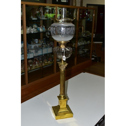 283 - A VICTORIAN BRASS OIL LAMP, corinthian column with stepped base, cut glass reservoir, glass funnel a... 