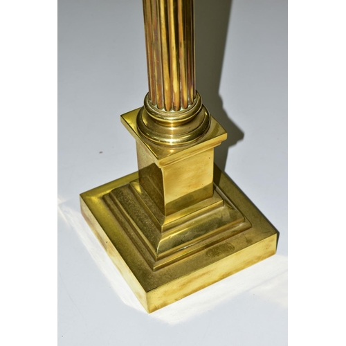 283 - A VICTORIAN BRASS OIL LAMP, corinthian column with stepped base, cut glass reservoir, glass funnel a... 