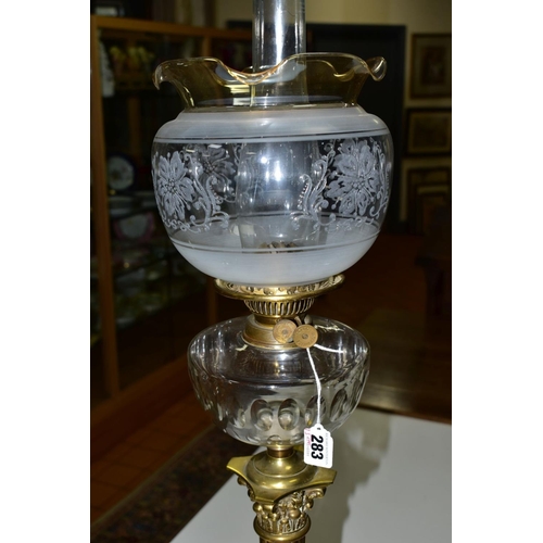 283 - A VICTORIAN BRASS OIL LAMP, corinthian column with stepped base, cut glass reservoir, glass funnel a... 