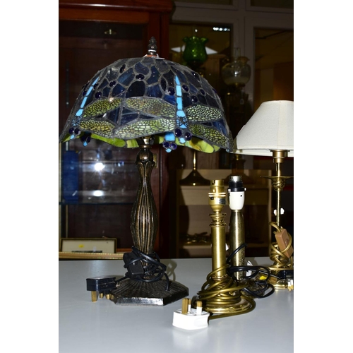 284 - A TIFFANY STYLE TABLE LAMP, with Dragonfly design shade, total height approximately 49cm, together w... 