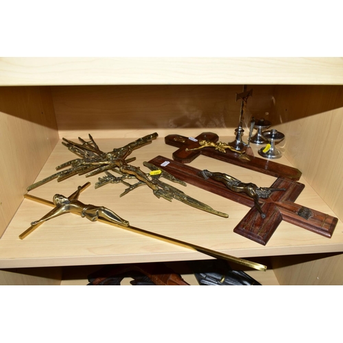 285 - VARIOUS CRUCIFIX'S AND RELIGIOUS ICONS etc, comprising a large carved wooden crucifix, total height ... 