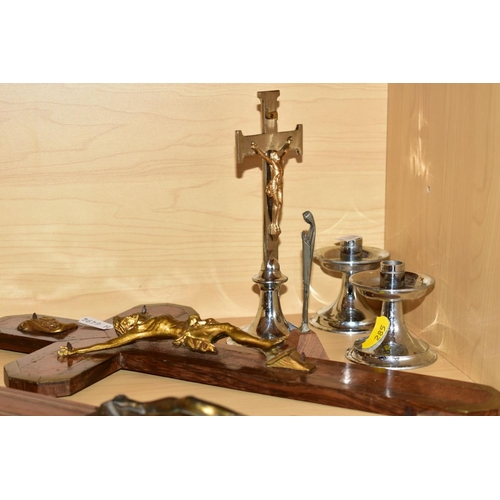 285 - VARIOUS CRUCIFIX'S AND RELIGIOUS ICONS etc, comprising a large carved wooden crucifix, total height ... 