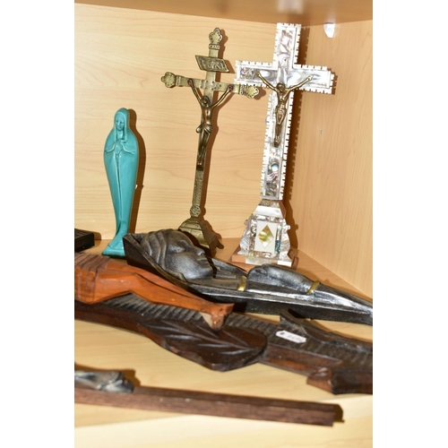 285 - VARIOUS CRUCIFIX'S AND RELIGIOUS ICONS etc, comprising a large carved wooden crucifix, total height ... 