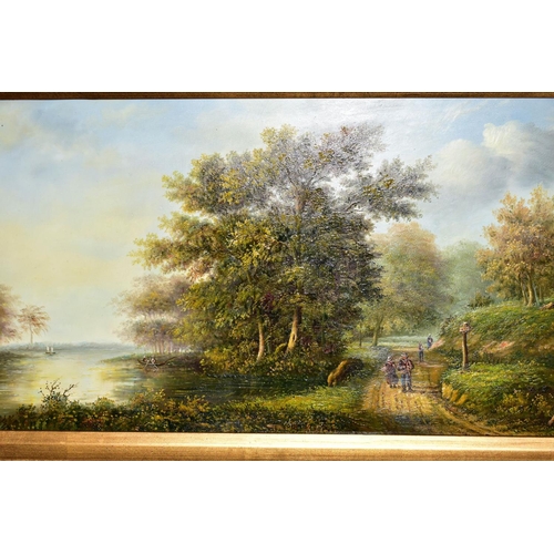 286 - J RICHARDSON (CONTEMPORARY), a landscape painted in a late 18th/early 19th Century style figures wal... 