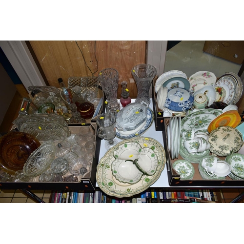 287 - FOUR BOXES AND LOOSE CERAMICS AND GLASSWARES, to include twin handled etched glass 'Celery' vase, tw... 